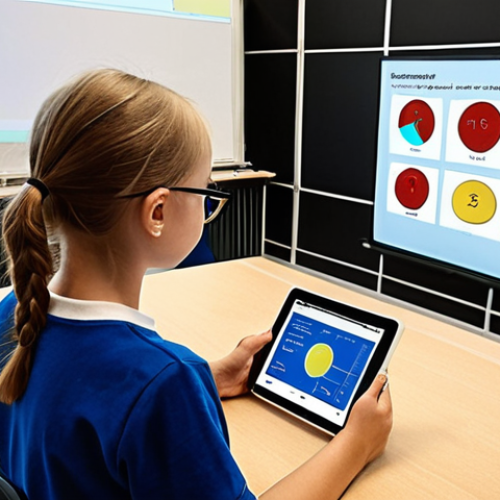 **A classroom scene in Sweden. Students are using tablets with AI-powered learning software that adapts to their individual skill levels, showing personalized exercises. The teacher is acting as a mentor, guiding a student, with a large screen displaying data visualizations of student progress.** (This visualizes personalized learning and the teacher's evolving role.)