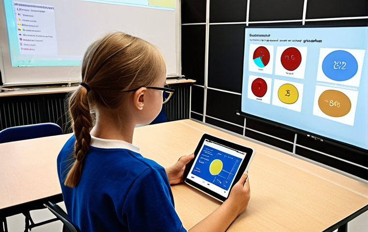 **A classroom scene in Sweden. Students are using tablets with AI-powered learning software that adapts to their individual skill levels, showing personalized exercises. The teacher is acting as a mentor, guiding a student, with a large screen displaying data visualizations of student progress.** (This visualizes personalized learning and the teacher's evolving role.)